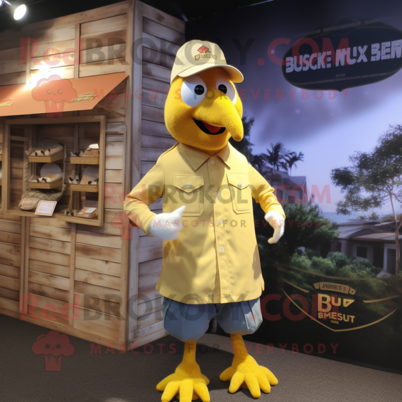 Gold Butter Chicken mascot costume character dressed with a Cargo Shorts and Tie pins