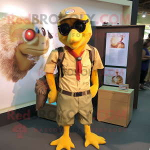 Gold Butter Chicken mascot costume character dressed with a Cargo Shorts and Tie pins