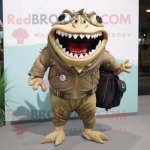 Tan Piranha mascot costume character dressed with a Moto Jacket and Tote bags
