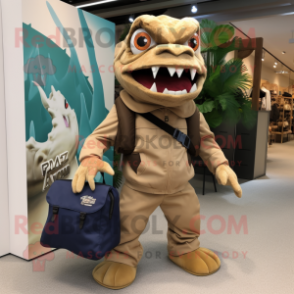 Tan Piranha mascot costume character dressed with a Moto Jacket and Tote bags