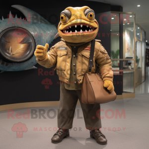 Tan Piranha mascot costume character dressed with a Moto Jacket and Tote bags