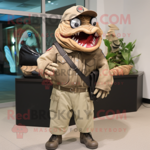 Tan Piranha mascot costume character dressed with a Moto Jacket and Tote bags