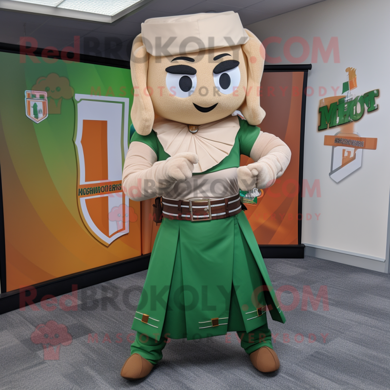 Tan Irish Flag mascot costume character dressed with a Midi Dress and Belts Tan Irish Flag mascot costume character dressed with a Midi Dress and Belts