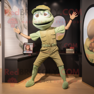 Olive Trapeze Artist mascot costume character dressed with a Chinos and Smartwatches