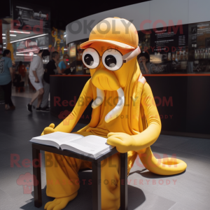 Gold Squid mascot costume character dressed with a Polo Shirt and Reading glasses