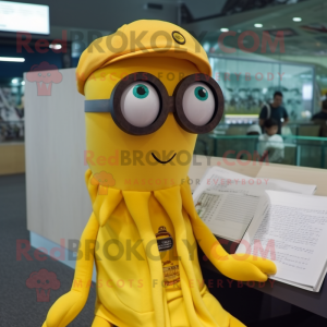 Gold Squid mascot costume character dressed with a Polo Shirt and Reading glasses