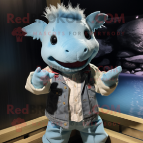 Sky Blue Axolotls mascot costume character dressed with a Flannel Shirt and Gloves