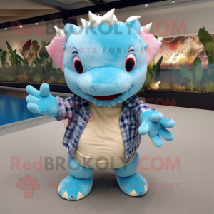 Sky Blue Axolotls mascot costume character dressed with a Flannel Shirt and Gloves