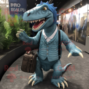 Cyan Spinosaurus mascot costume character dressed with a Suit and Messenger bags