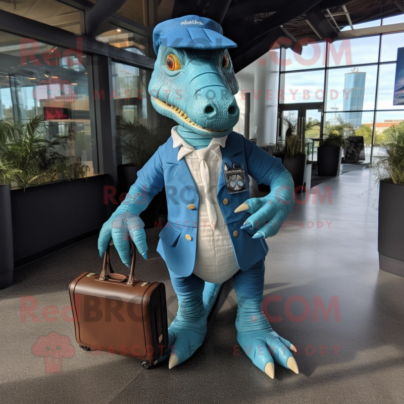 Cyan Spinosaurus mascot costume character dressed with a Suit and Messenger bags