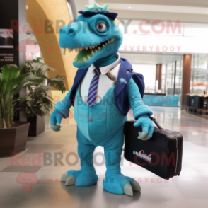 Cyan Spinosaurus mascot costume character dressed with a Suit and Messenger bags