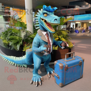 Cyan Spinosaurus mascot costume character dressed with a Suit and Messenger bags