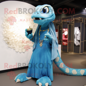Sky Blue Python mascot costume character dressed with a Culottes and Rings