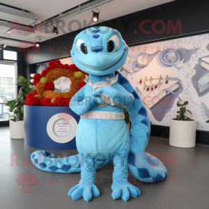 Sky Blue Python mascot costume character dressed with a Culottes and Rings