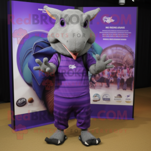 Purple Armadillo mascot costume character dressed with a Polo Tee and Shoe clips