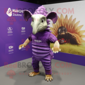 Purple Armadillo mascot costume character dressed with a Polo Tee and Shoe clips