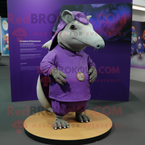 Purple Armadillo mascot costume character dressed with a Polo Tee and Shoe clips