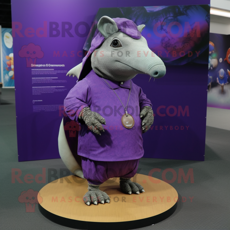 Purple Armadillo mascot costume character dressed with a Polo Tee and Shoe clips
