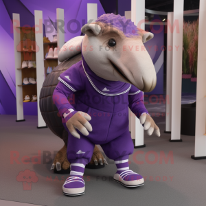 Purple Armadillo mascot costume character dressed with a Polo Tee and Shoe clips