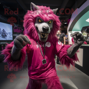 Magenta Werewolf mascot costume character dressed with a T-Shirt and Rings