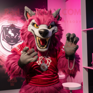 Magenta Werewolf mascot costume character dressed with a T-Shirt and Rings