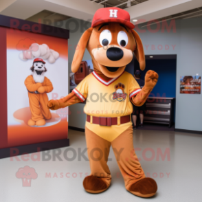 Brown Hot Dog mascot costume character dressed with a Romper and Caps