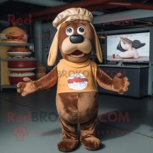 Brown Hot Dog mascot costume character dressed with a Romper and Caps