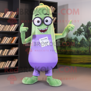 Lavender Cucumber mascot costume character dressed with a Dress Pants and Reading glasses