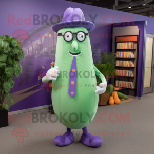 Lavender Cucumber mascot costume character dressed with a Dress Pants and Reading glasses