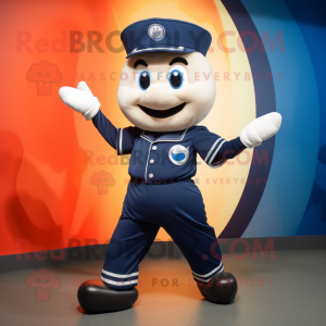 Navy Juggle mascot costume character dressed with a Jumpsuit and Foot pads