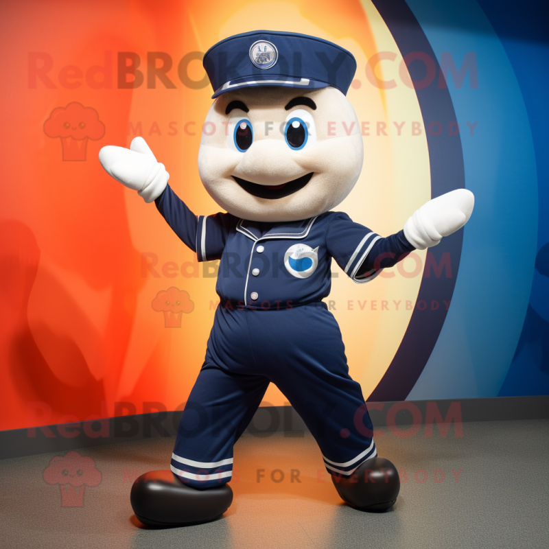 Navy Juggle mascot costume character dressed with a Jumpsuit and Foot pads Navy Juggle mascot costume character dressed with a Jumpsuit and Foot pads