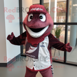 Maroon Tuna mascot costume character dressed with a Sweatshirt and Bow ties