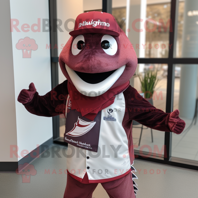 Maroon Tuna mascot costume character dressed with a Sweatshirt and Bow ties Maroon Tuna mascot costume character dressed with a Sweatshirt and Bow ties