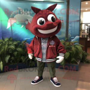 Maroon Tuna mascot costume character dressed with a Sweatshirt and Bow ties