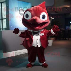 Maroon Tuna mascot costume character dressed with a Sweatshirt and Bow ties