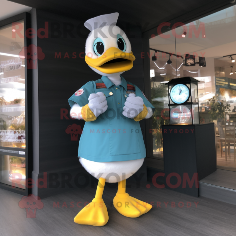 nan Duck mascot costume character dressed with a Jeggings and Bracelet watches