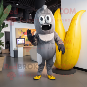 Gray Banana mascot costume character dressed with a Leggings and Mittens