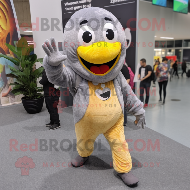 Gray Banana mascot costume character dressed with a Leggings and Mittens