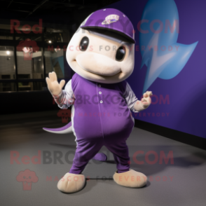 Purple Stingray mascot costume character dressed with a Baseball Tee and Beanies