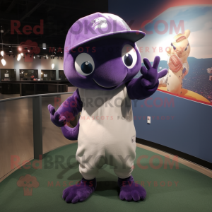 Purple Stingray mascot costume character dressed with a Baseball Tee and Beanies