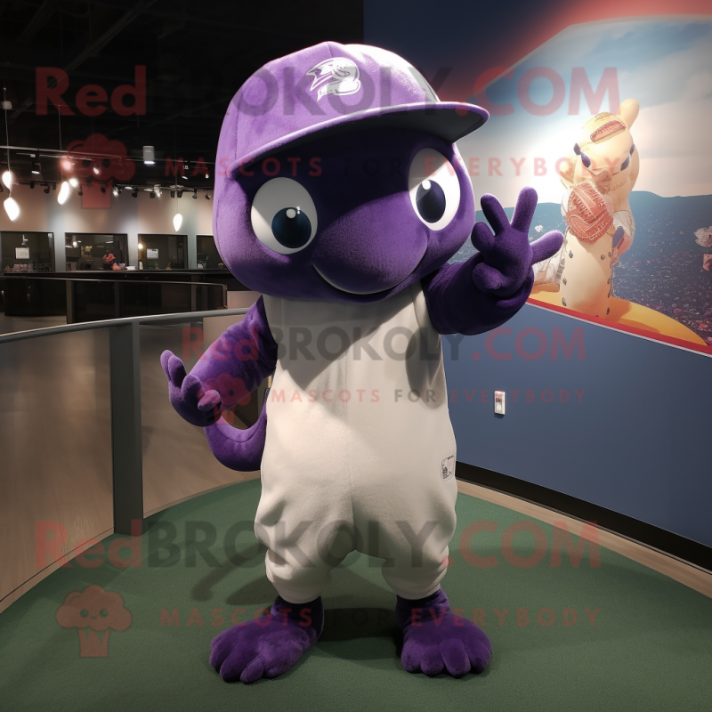 Purple Stingray mascot costume character dressed with a Baseball Tee and Beanies Purple Stingray mascot costume character dressed with a Baseball Tee and Beanies