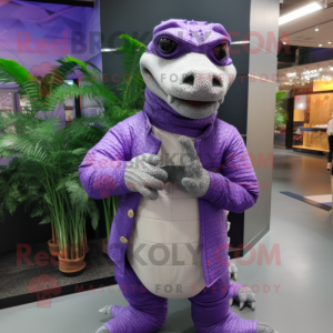 Lavender Crocodile mascot costume character dressed with a Turtleneck and Bracelet watches