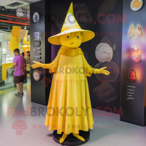 Yellow Witch'S Hat mascot costume character dressed with a Midi Dress and Keychains