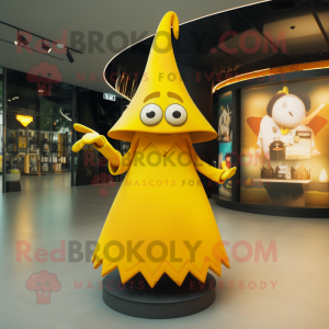 Yellow Witch'S Hat mascot costume character dressed with a Midi Dress and Keychains