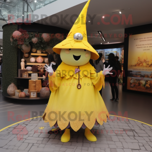 Yellow Witch'S Hat mascot costume character dressed with a Midi Dress and Keychains