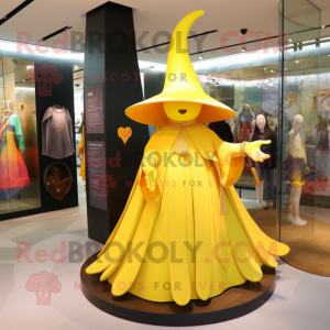 Yellow Witch'S Hat mascot costume character dressed with a Midi Dress and Keychains