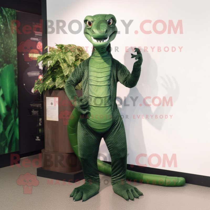 Forest Green Hydra mascot costume character dressed with a Dress Pants and Earrings