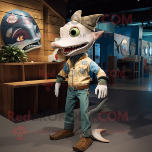 Tan Swordfish mascot costume character dressed with a Bootcut Jeans and Anklets