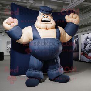 Navy Strongman mascot costume character dressed with a Pleated Skirt and Gloves