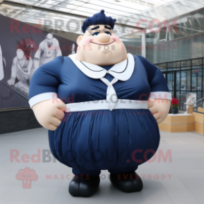 Navy Strongman mascot costume character dressed with a Pleated Skirt and Gloves